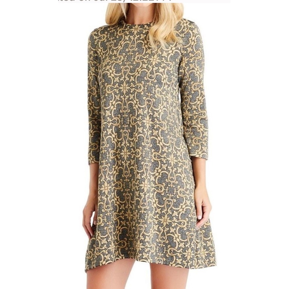 J‎ McLaughlin Womens Long Sleeve Dress Sz S Metallic Gray Gold Old Money Stretch